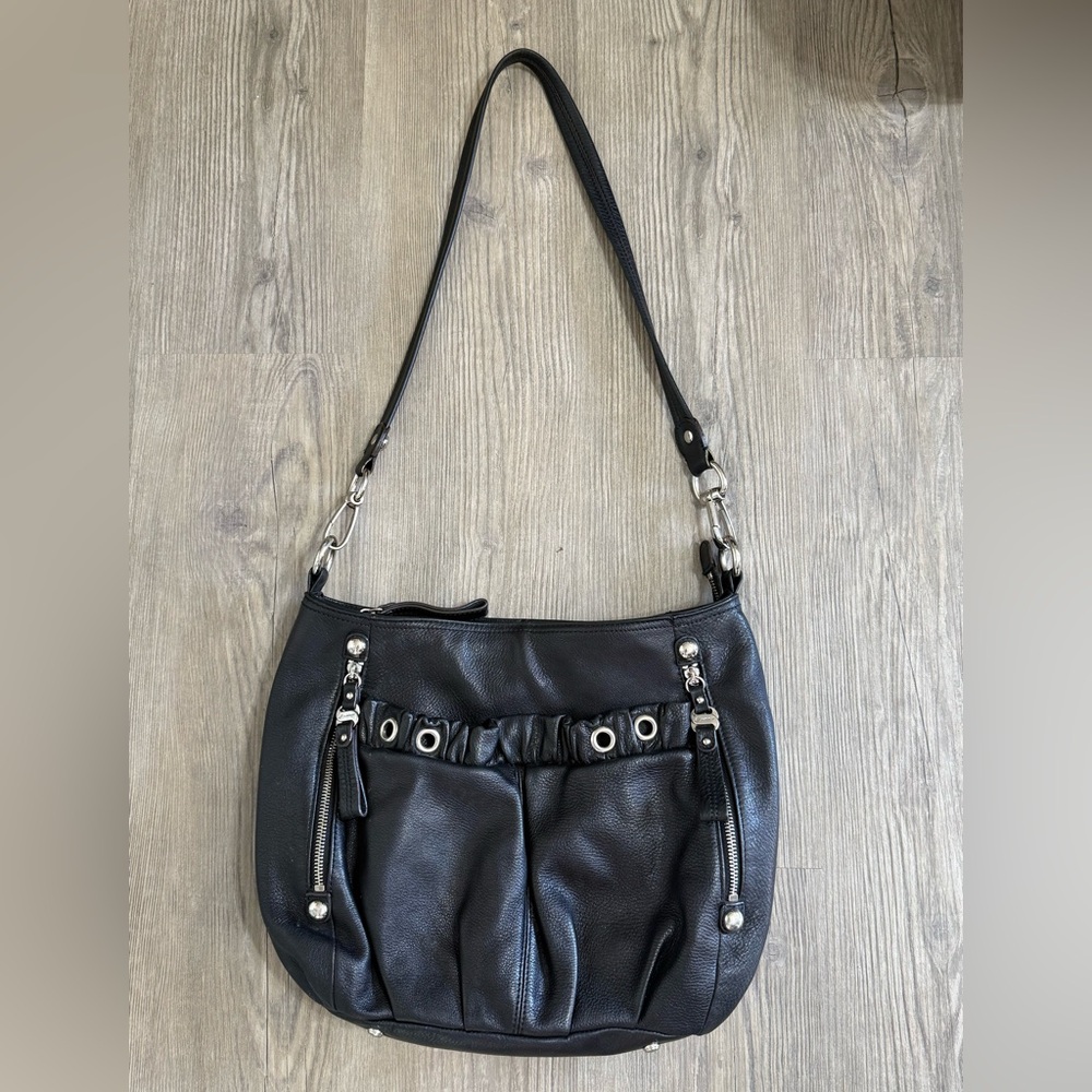 B. Makowsky Black Soft Leather Convertible Crossbody Shoulder Handbag